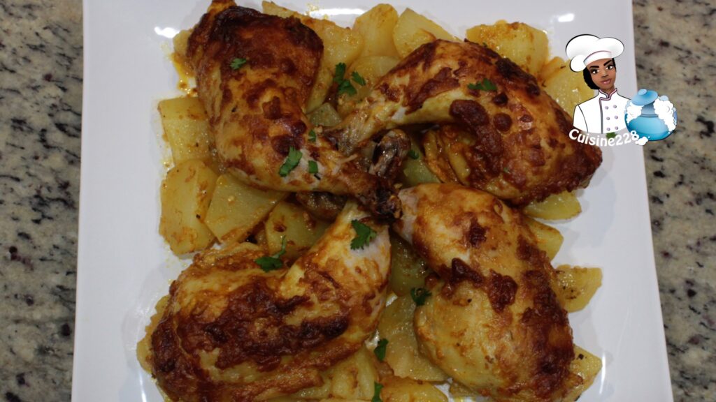 Baked Mustard Chicken Legs and potatoes